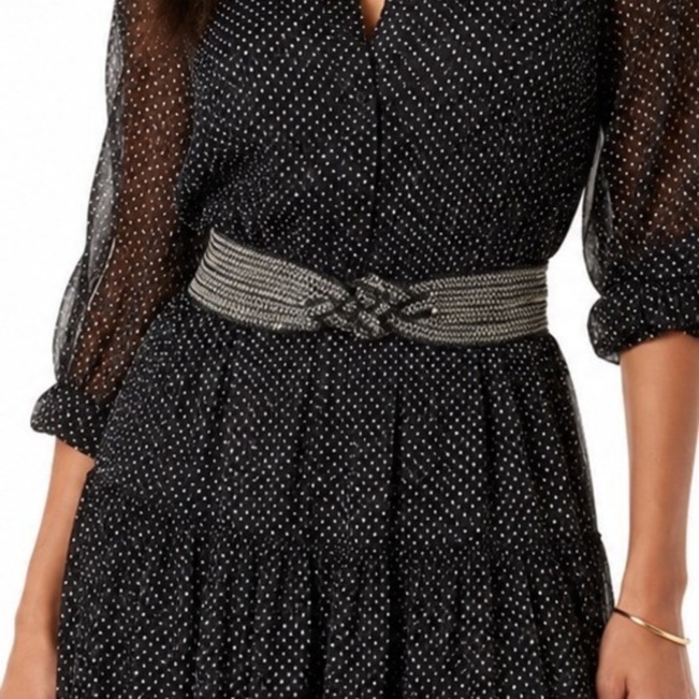 LOFT Black Silver Metallic Woven Knot Stretch Cinch Belt Snap Closure Chic 68-31